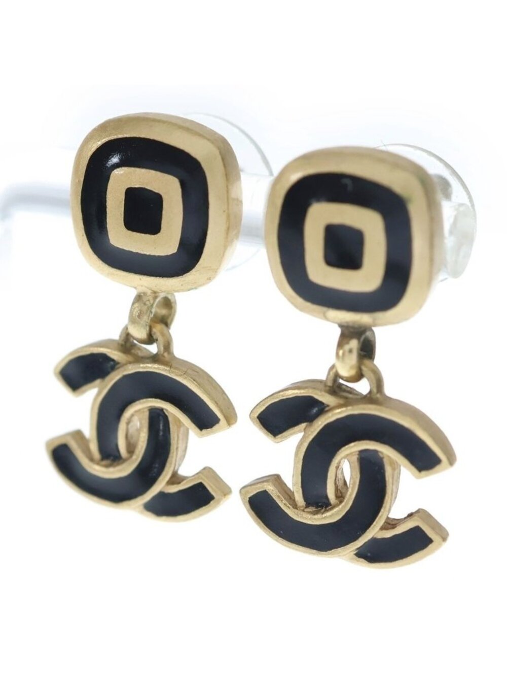 Chanel CC Logo Motif Earrings Black Gold 02A